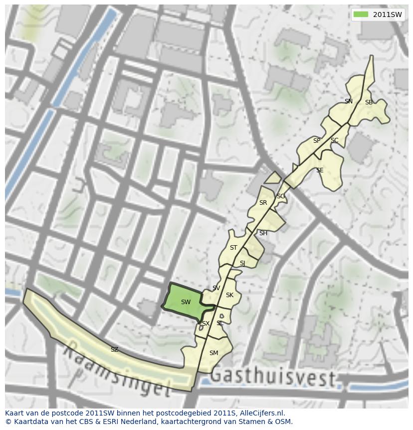Afbeelding van het postcodegebied 2011 SW op de kaart.