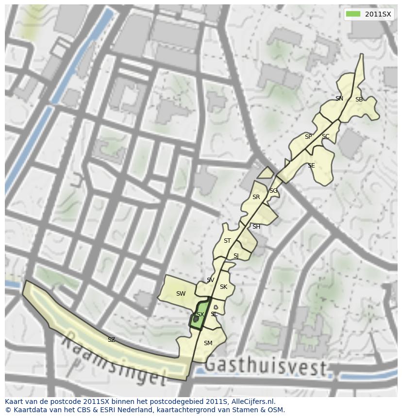 Afbeelding van het postcodegebied 2011 SX op de kaart.
