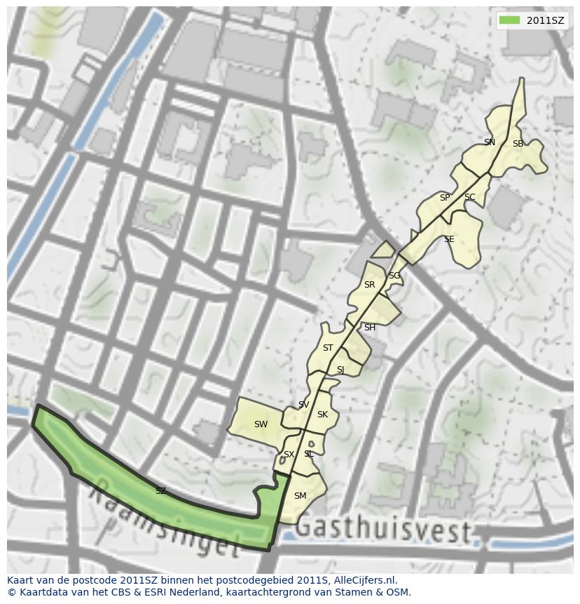 Afbeelding van het postcodegebied 2011 SZ op de kaart.