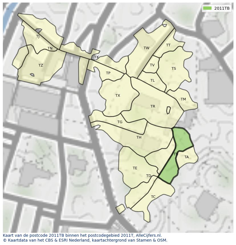 Afbeelding van het postcodegebied 2011 TB op de kaart.