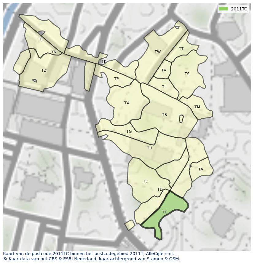 Afbeelding van het postcodegebied 2011 TC op de kaart.