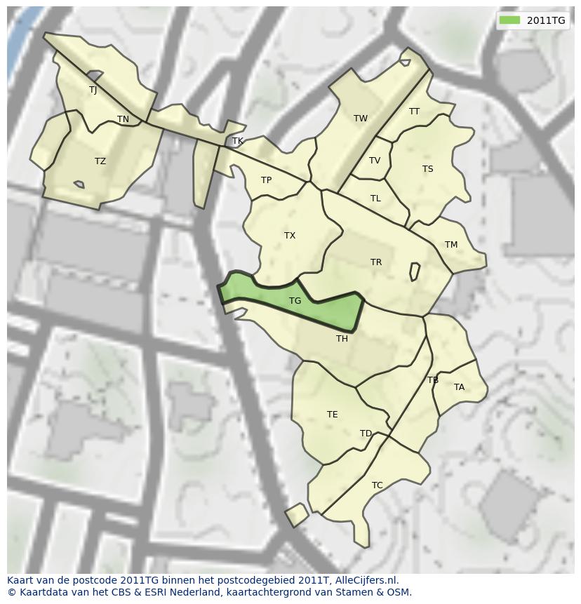 Afbeelding van het postcodegebied 2011 TG op de kaart.