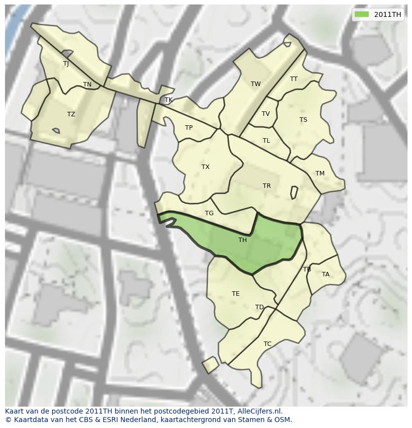 Afbeelding van het postcodegebied 2011 TH op de kaart.