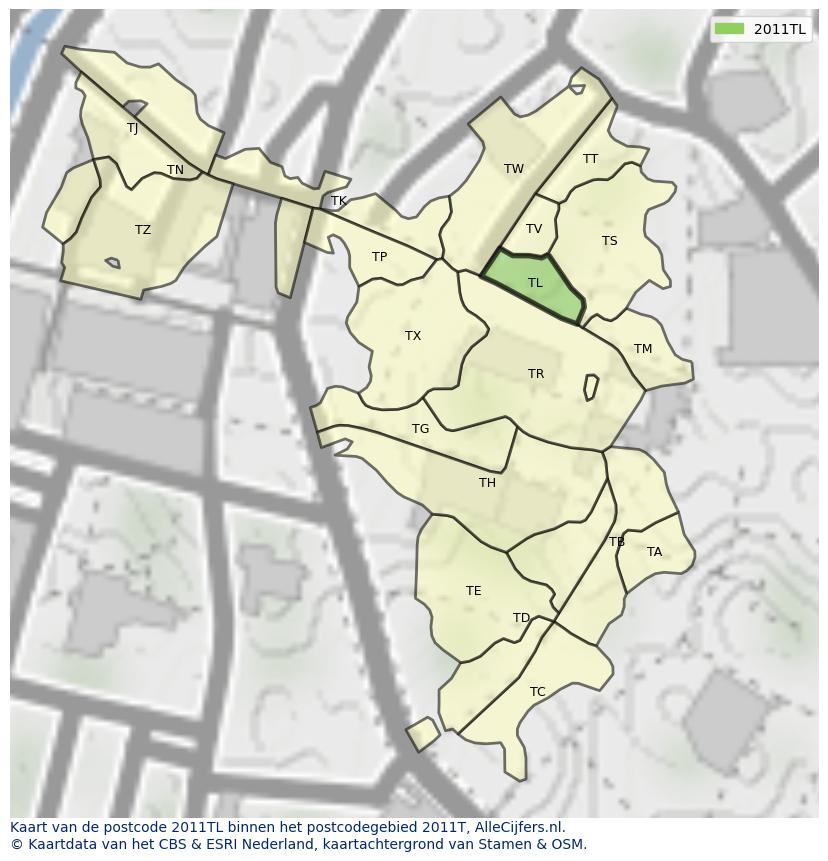 Afbeelding van het postcodegebied 2011 TL op de kaart.
