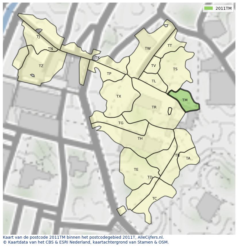 Afbeelding van het postcodegebied 2011 TM op de kaart.