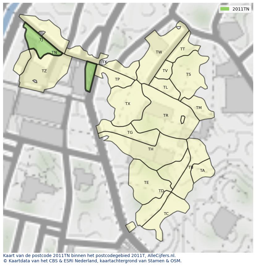 Afbeelding van het postcodegebied 2011 TN op de kaart.
