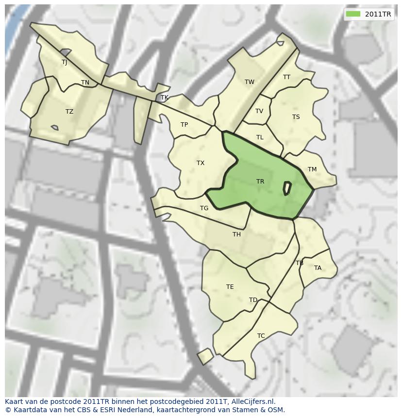Afbeelding van het postcodegebied 2011 TR op de kaart.