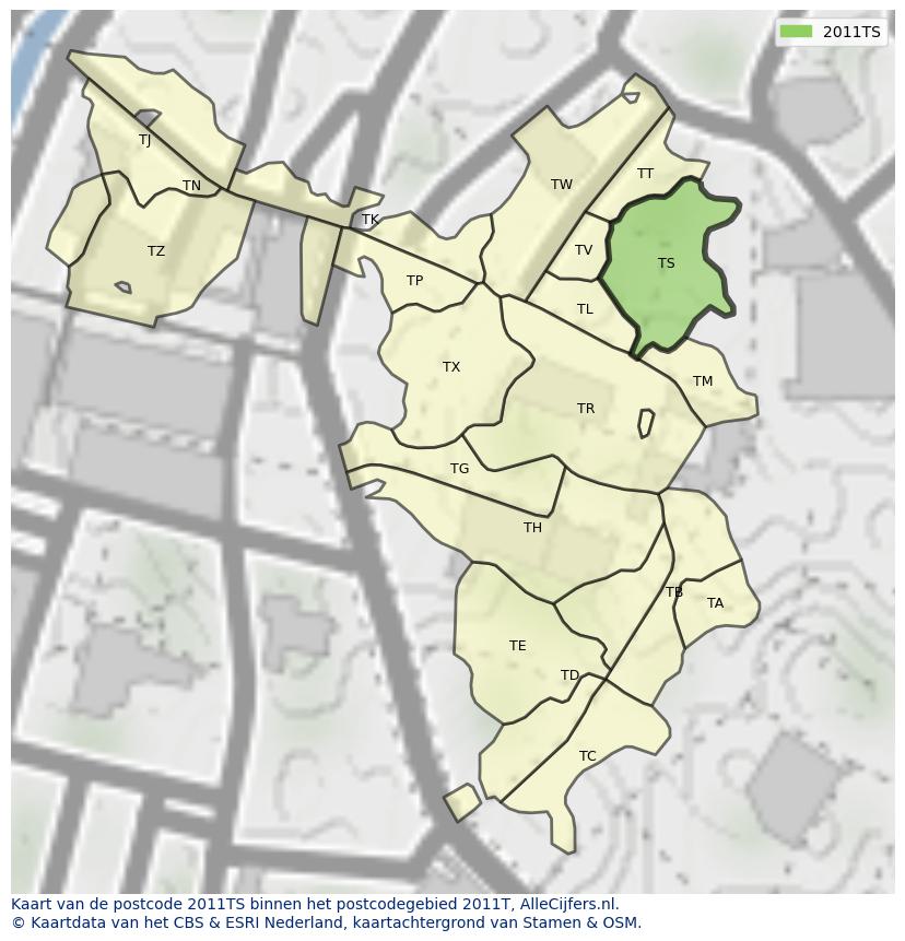 Afbeelding van het postcodegebied 2011 TS op de kaart.