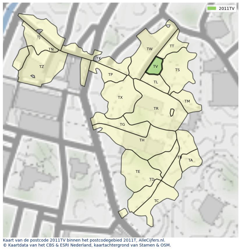 Afbeelding van het postcodegebied 2011 TV op de kaart.