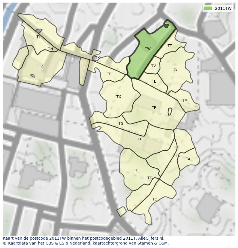 Afbeelding van het postcodegebied 2011 TW op de kaart.