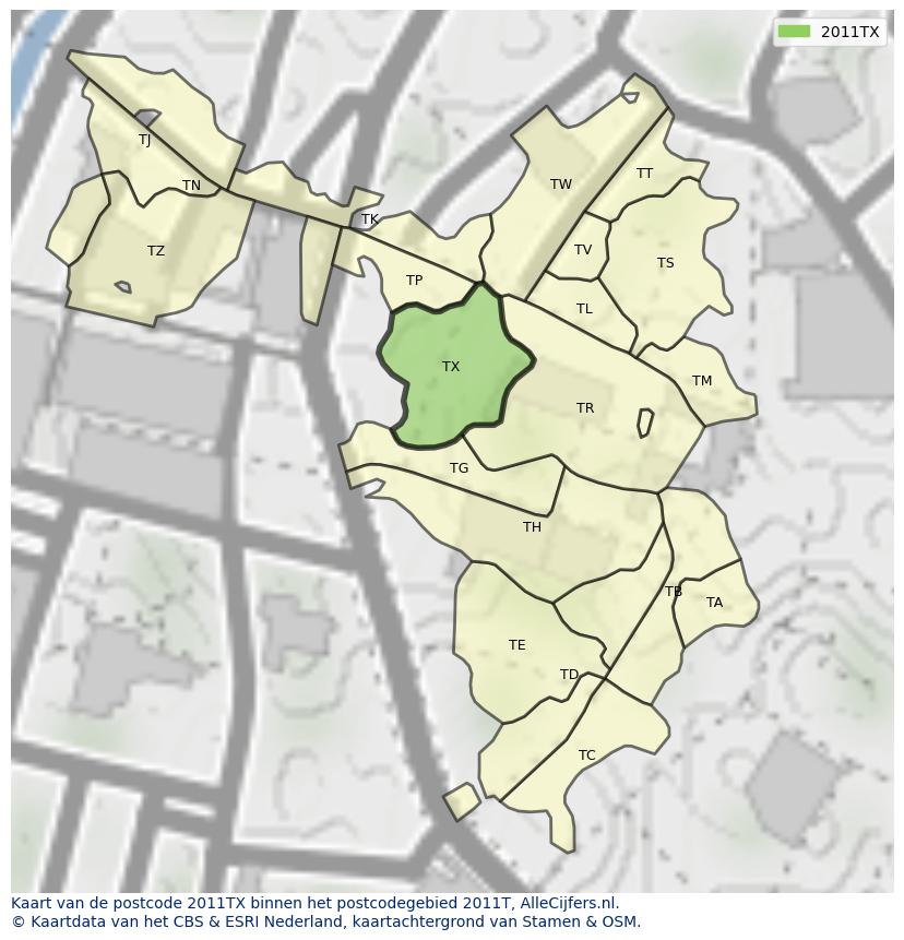 Afbeelding van het postcodegebied 2011 TX op de kaart.