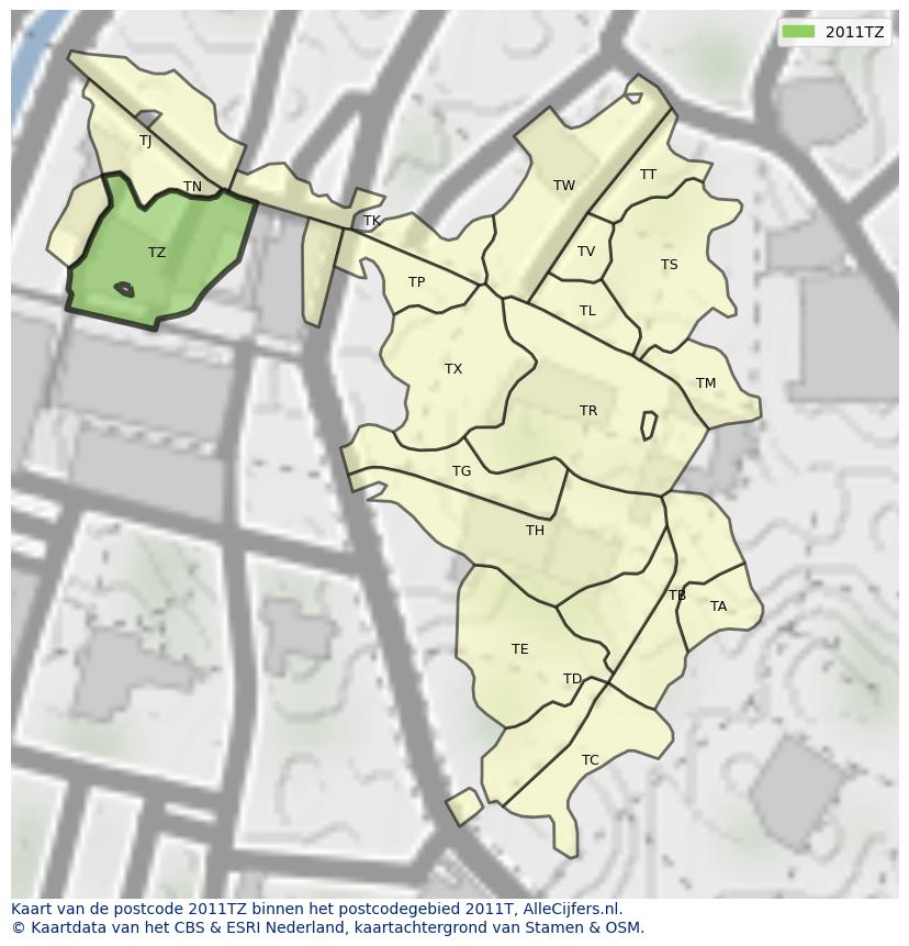 Afbeelding van het postcodegebied 2011 TZ op de kaart.