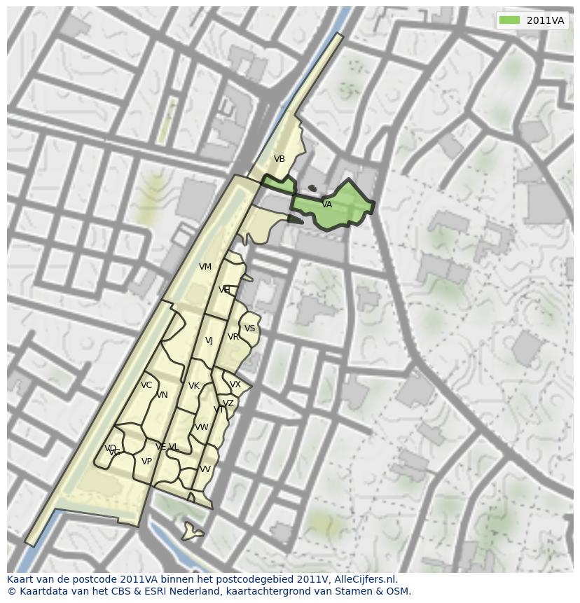 Afbeelding van het postcodegebied 2011 VA op de kaart.