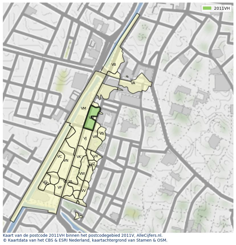 Afbeelding van het postcodegebied 2011 VH op de kaart.