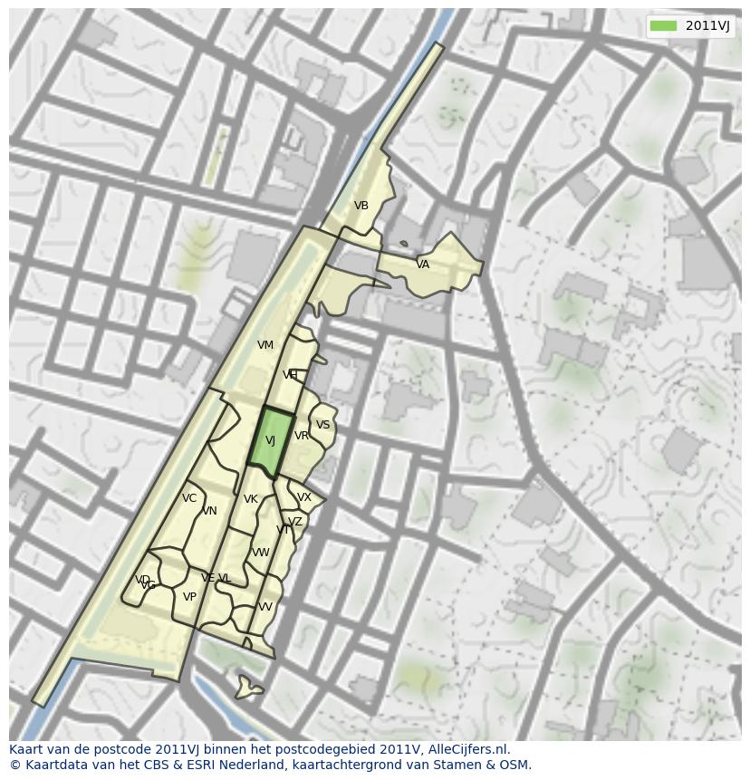 Afbeelding van het postcodegebied 2011 VJ op de kaart.