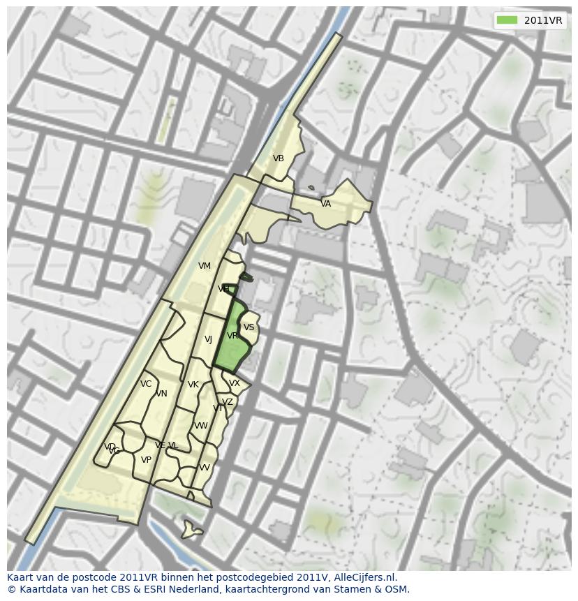 Afbeelding van het postcodegebied 2011 VR op de kaart.