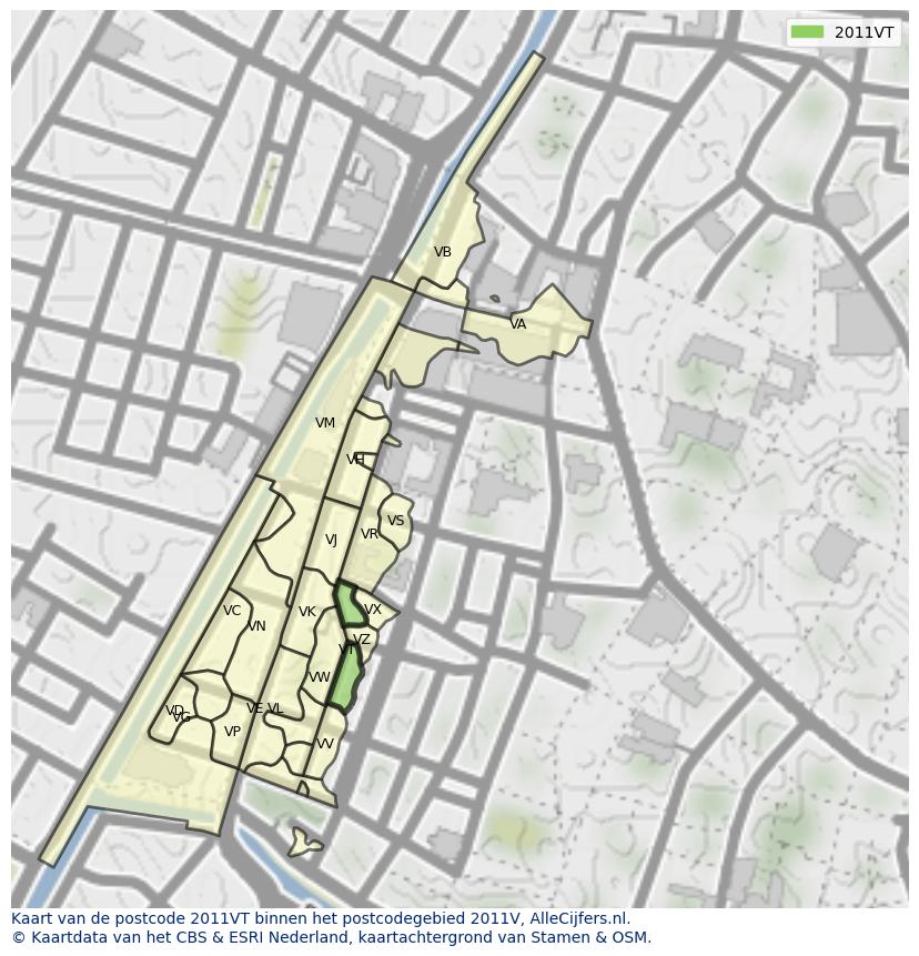Afbeelding van het postcodegebied 2011 VT op de kaart.