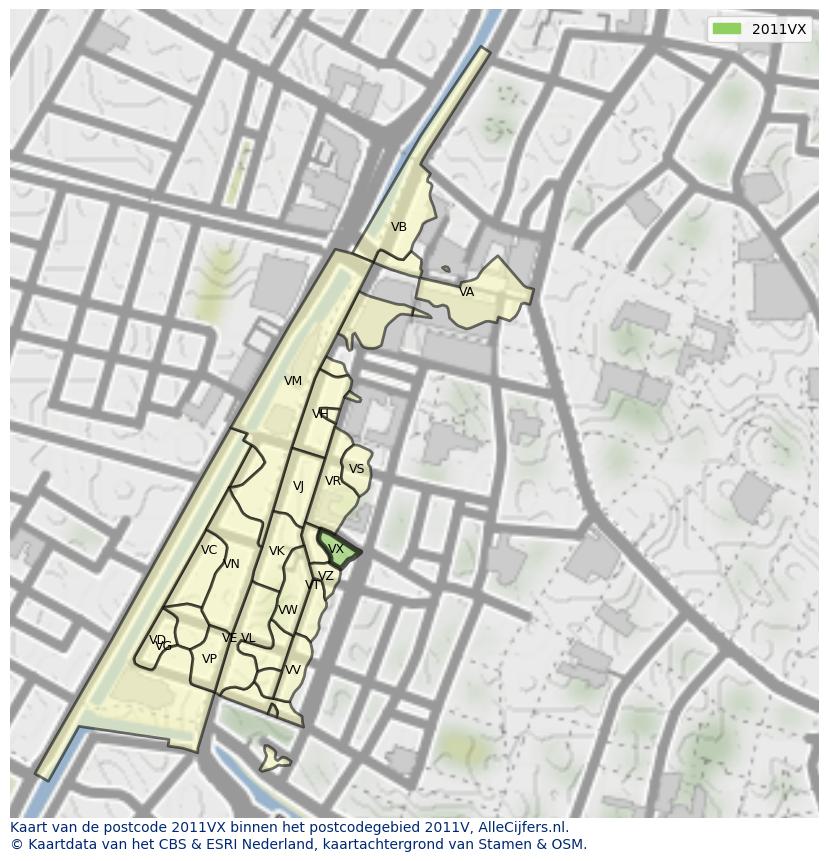 Afbeelding van het postcodegebied 2011 VX op de kaart.