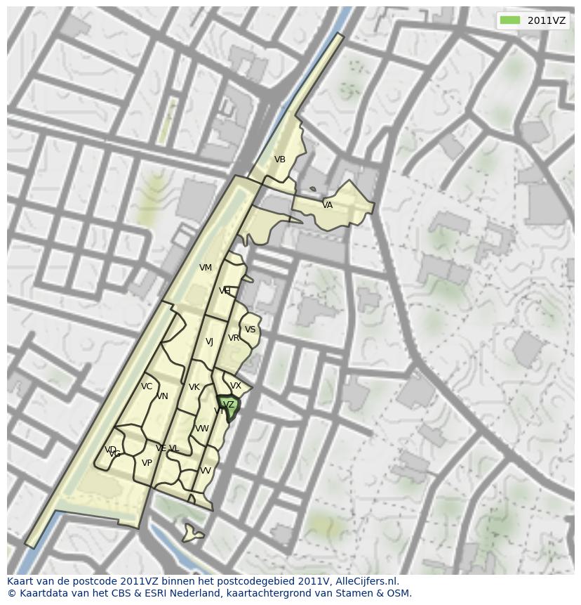 Afbeelding van het postcodegebied 2011 VZ op de kaart.