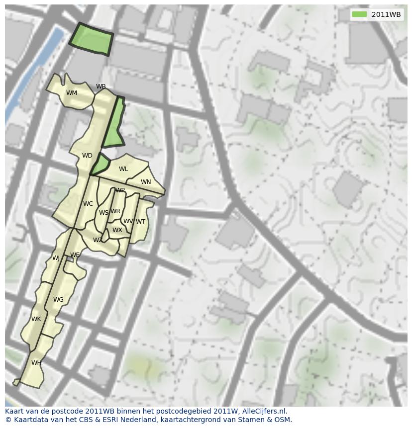 Afbeelding van het postcodegebied 2011 WB op de kaart.