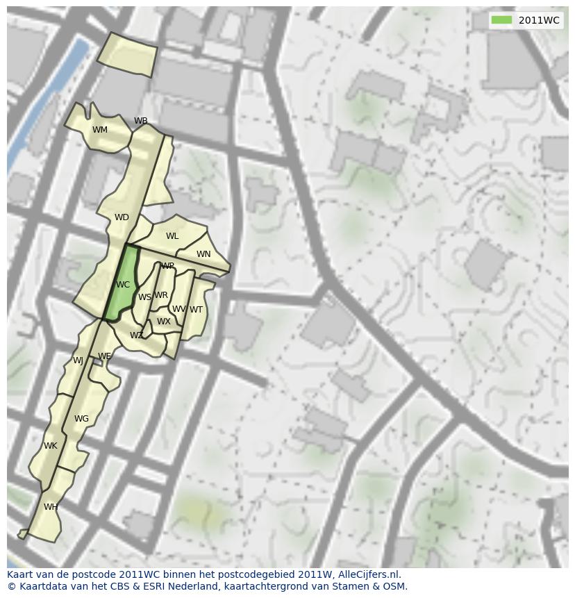 Afbeelding van het postcodegebied 2011 WC op de kaart.