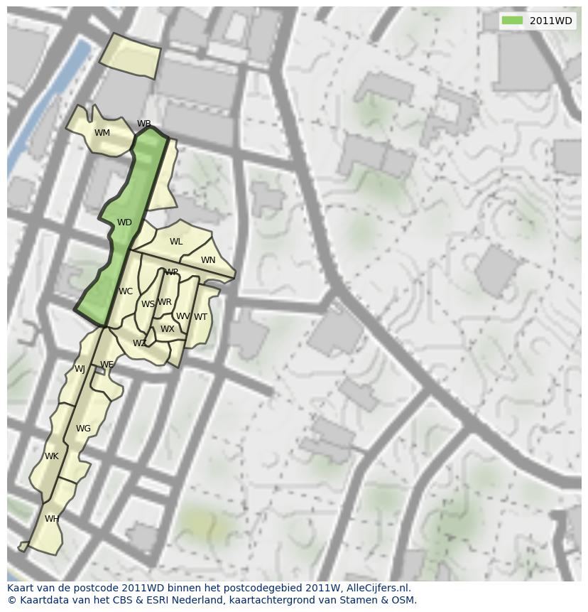 Afbeelding van het postcodegebied 2011 WD op de kaart.