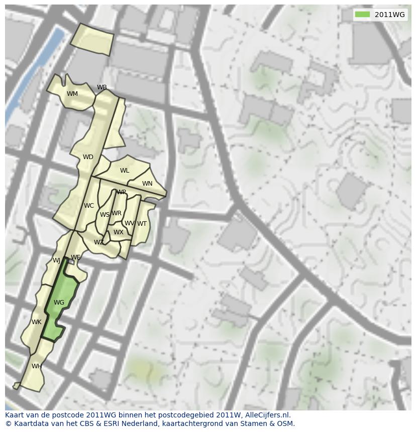 Afbeelding van het postcodegebied 2011 WG op de kaart.