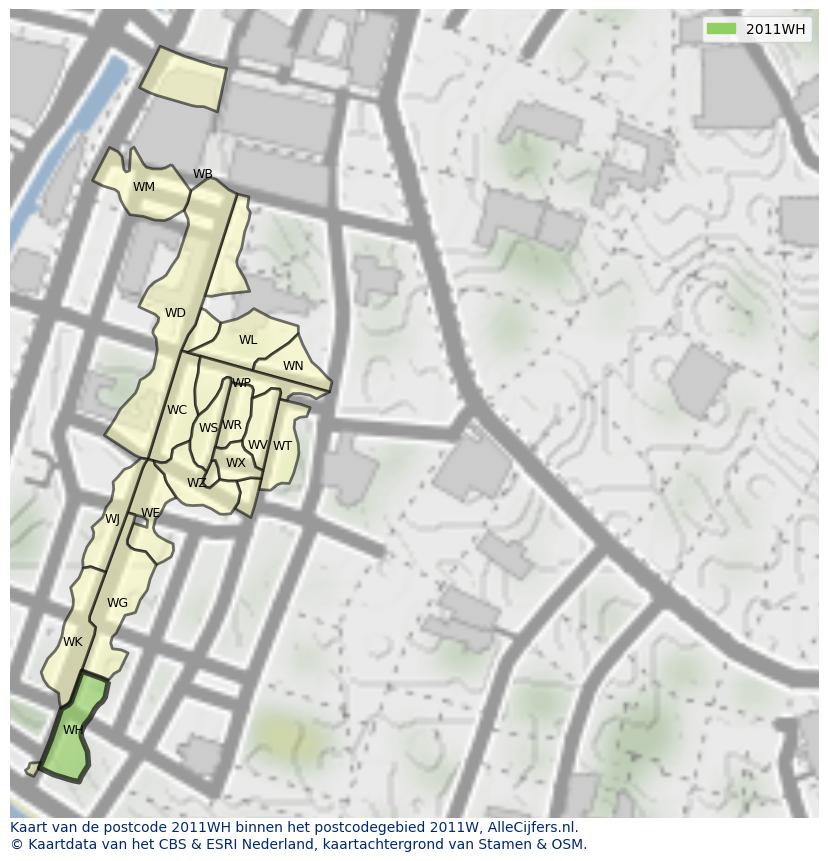 Afbeelding van het postcodegebied 2011 WH op de kaart.
