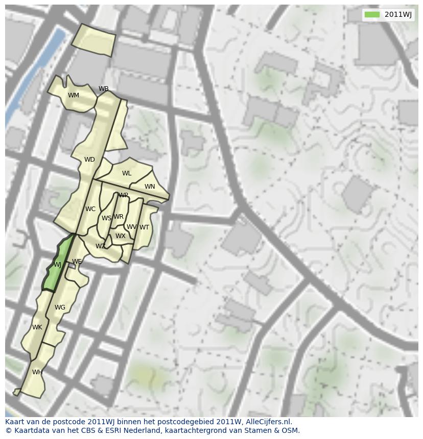 Afbeelding van het postcodegebied 2011 WJ op de kaart.