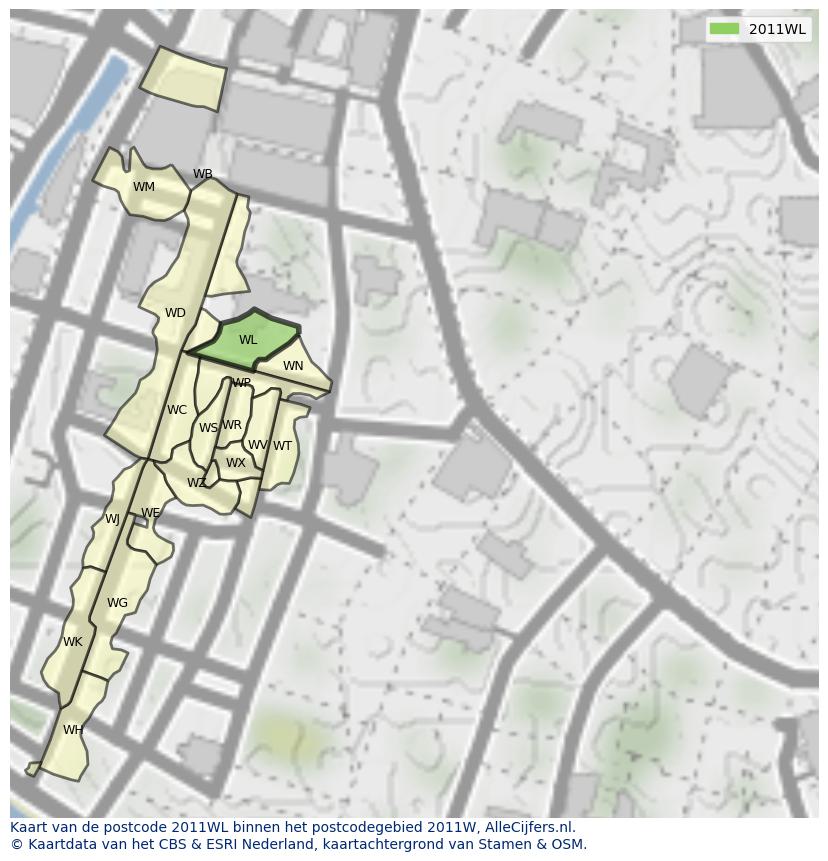 Afbeelding van het postcodegebied 2011 WL op de kaart.