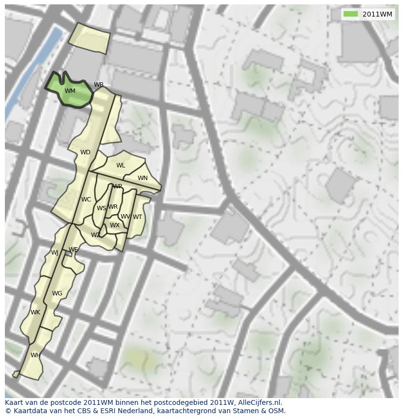 Afbeelding van het postcodegebied 2011 WM op de kaart.