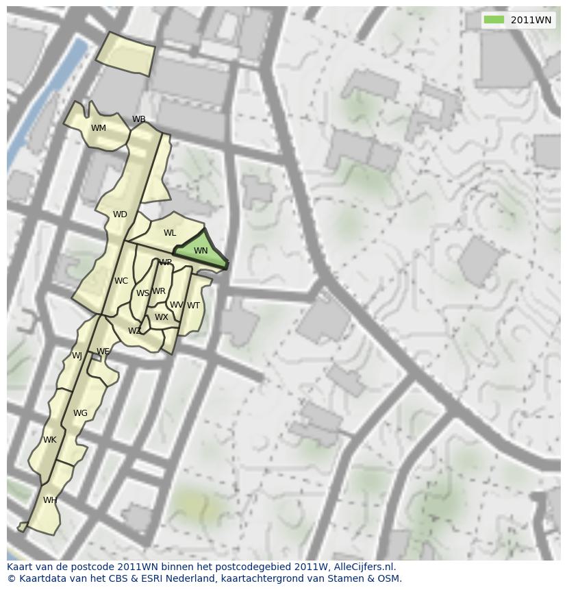 Afbeelding van het postcodegebied 2011 WN op de kaart.