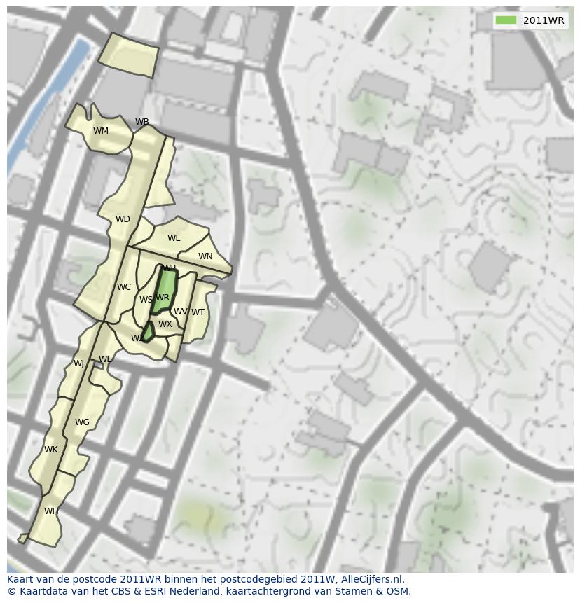 Afbeelding van het postcodegebied 2011 WR op de kaart.