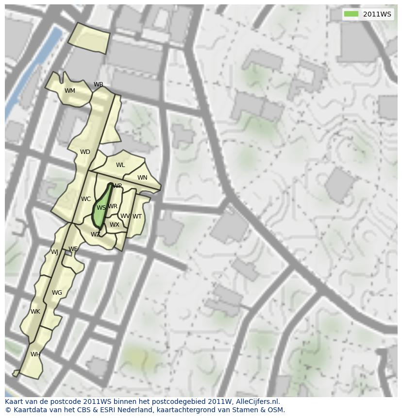 Afbeelding van het postcodegebied 2011 WS op de kaart.