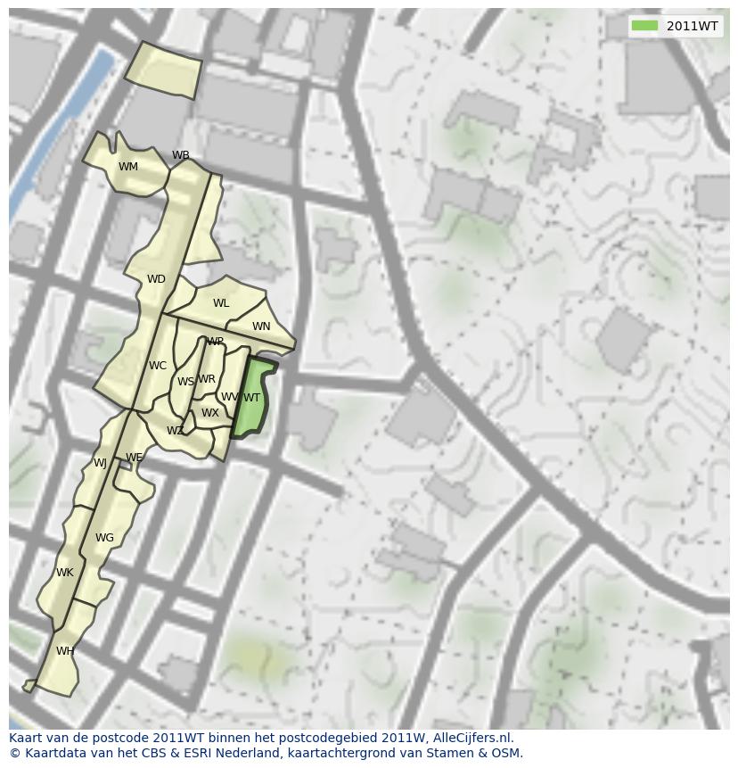 Afbeelding van het postcodegebied 2011 WT op de kaart.