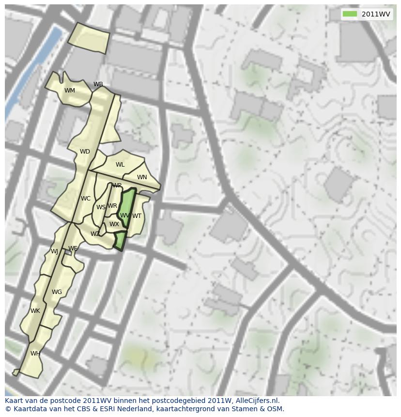 Afbeelding van het postcodegebied 2011 WV op de kaart.