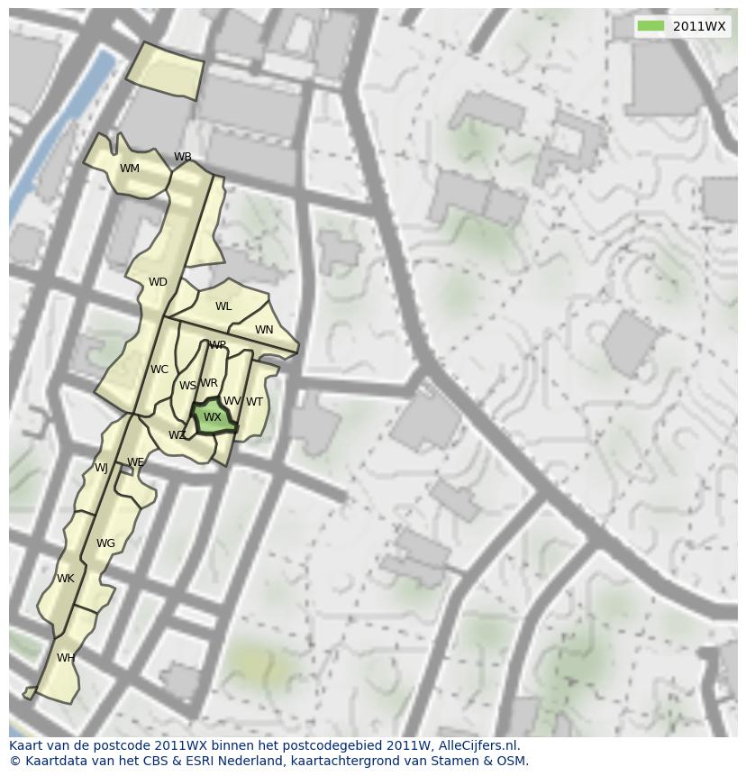 Afbeelding van het postcodegebied 2011 WX op de kaart.