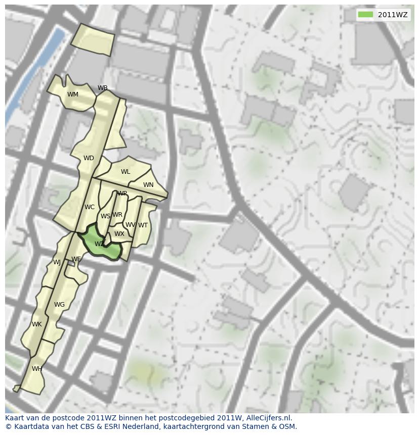 Afbeelding van het postcodegebied 2011 WZ op de kaart.