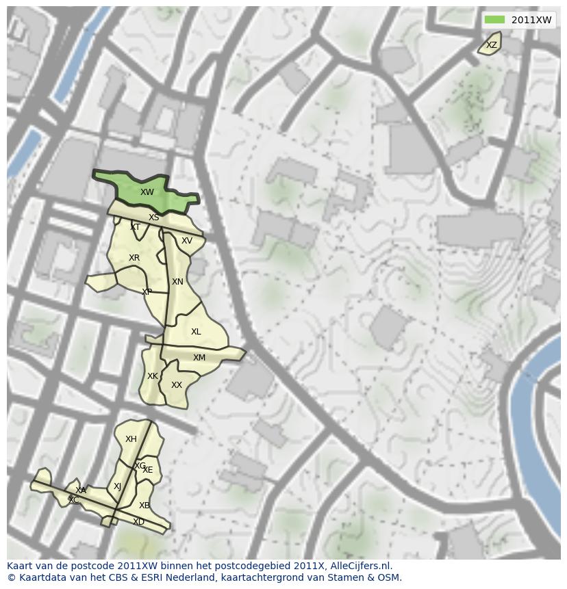 Afbeelding van het postcodegebied 2011 XW op de kaart.