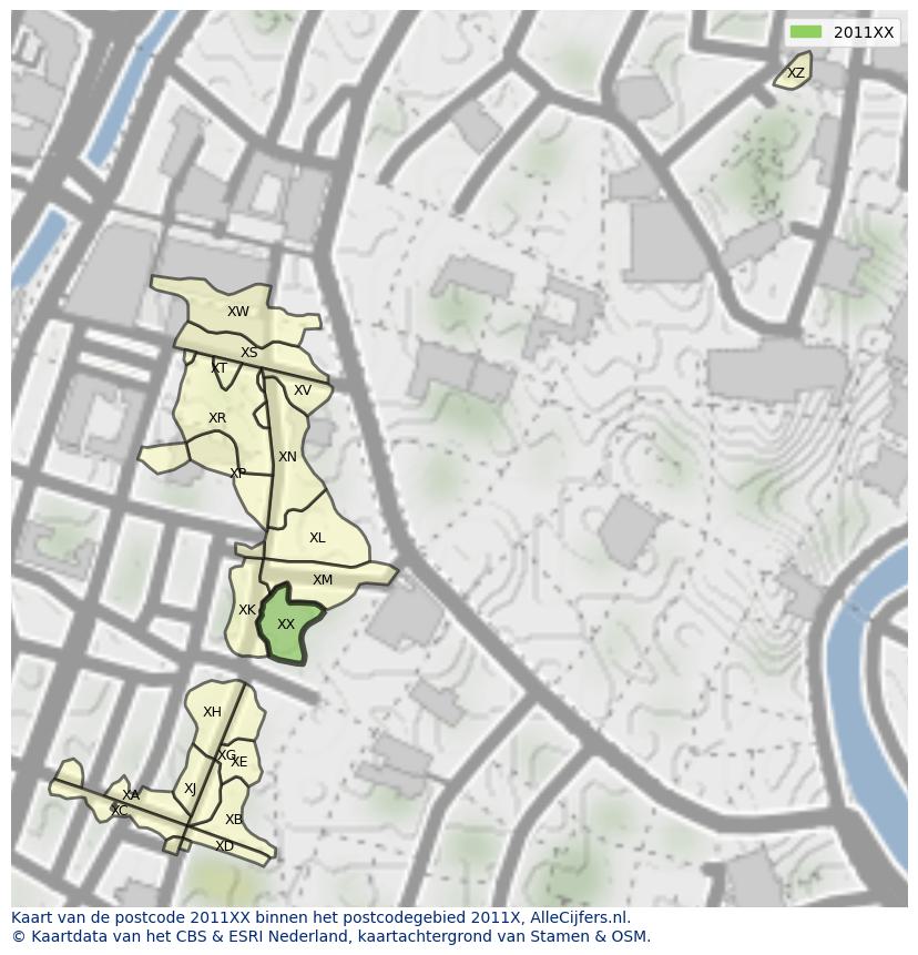 Afbeelding van het postcodegebied 2011 XX op de kaart.