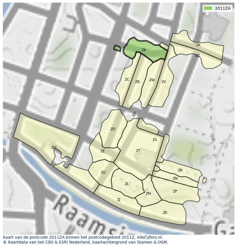 Afbeelding van het postcodegebied 2011 ZA op de kaart.