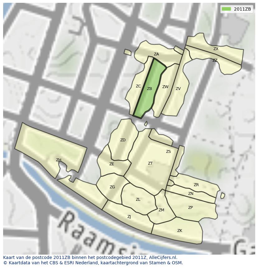 Afbeelding van het postcodegebied 2011 ZB op de kaart.