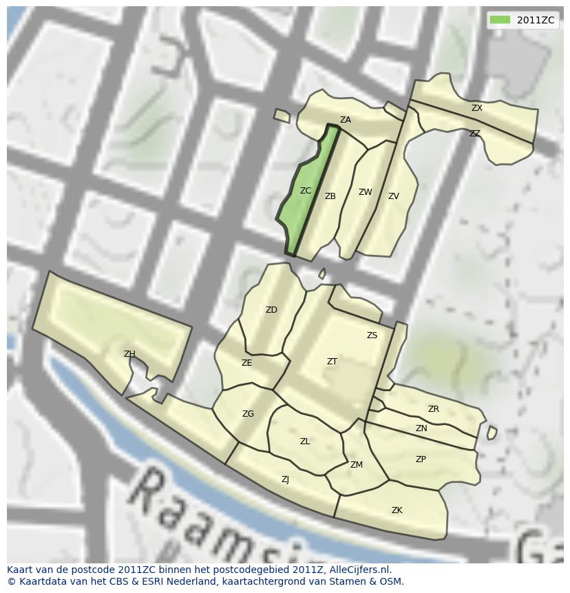 Afbeelding van het postcodegebied 2011 ZC op de kaart.