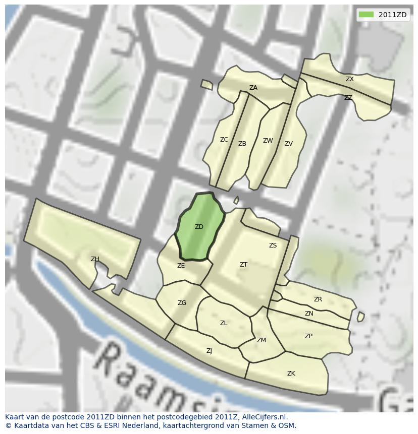 Afbeelding van het postcodegebied 2011 ZD op de kaart.