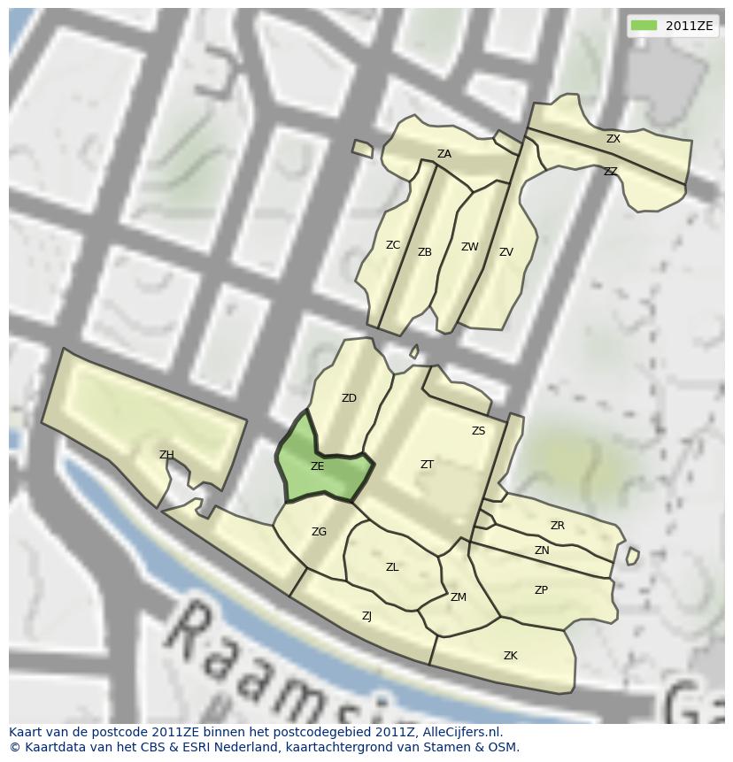 Afbeelding van het postcodegebied 2011 ZE op de kaart.