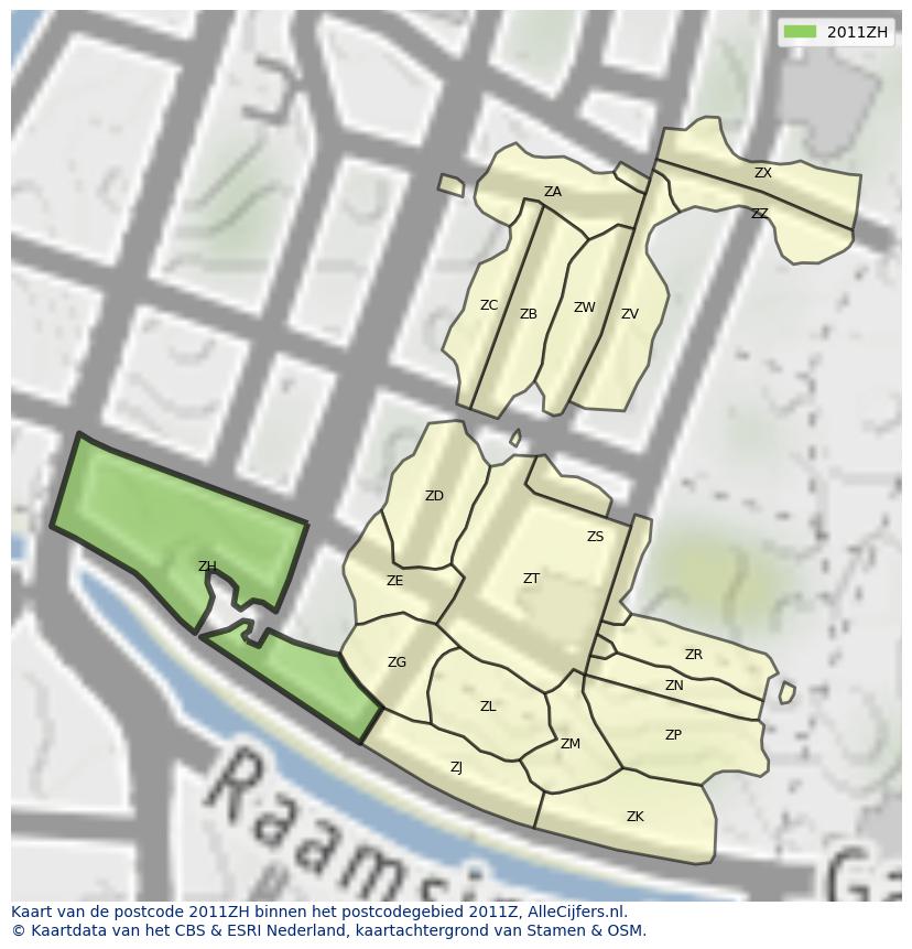 Afbeelding van het postcodegebied 2011 ZH op de kaart.