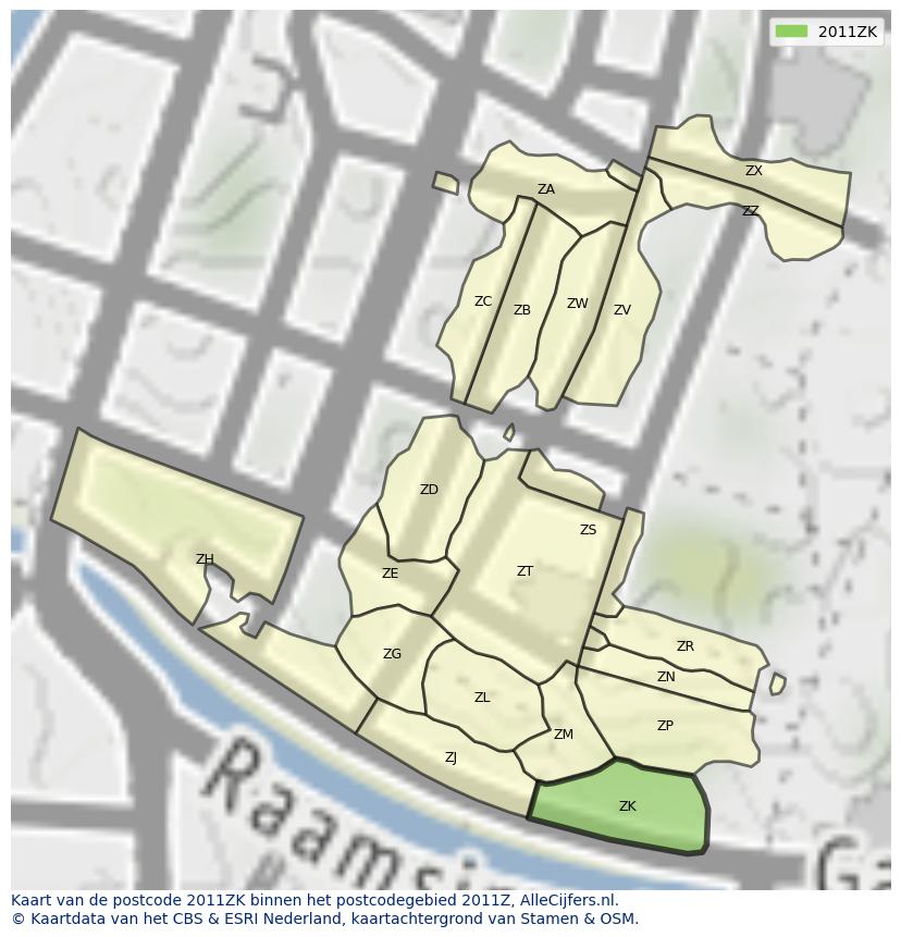 Afbeelding van het postcodegebied 2011 ZK op de kaart.