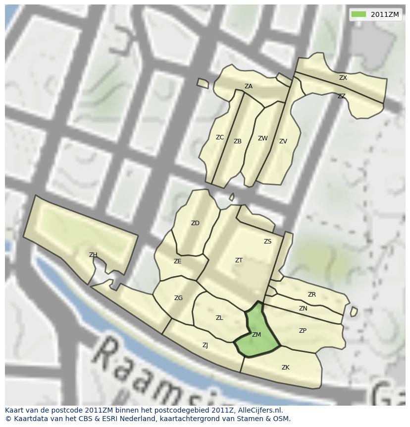 Afbeelding van het postcodegebied 2011 ZM op de kaart.