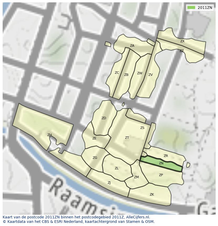 Afbeelding van het postcodegebied 2011 ZN op de kaart.