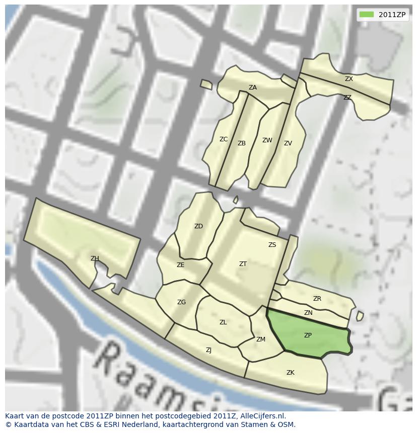 Afbeelding van het postcodegebied 2011 ZP op de kaart.